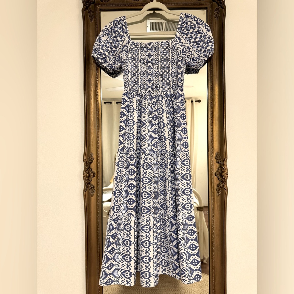 Blue and White Smocked Midi Dress SZ XS